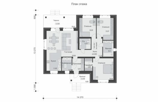 Одноэтажный дом с тремя спальнями, просторной гостиной и террасой